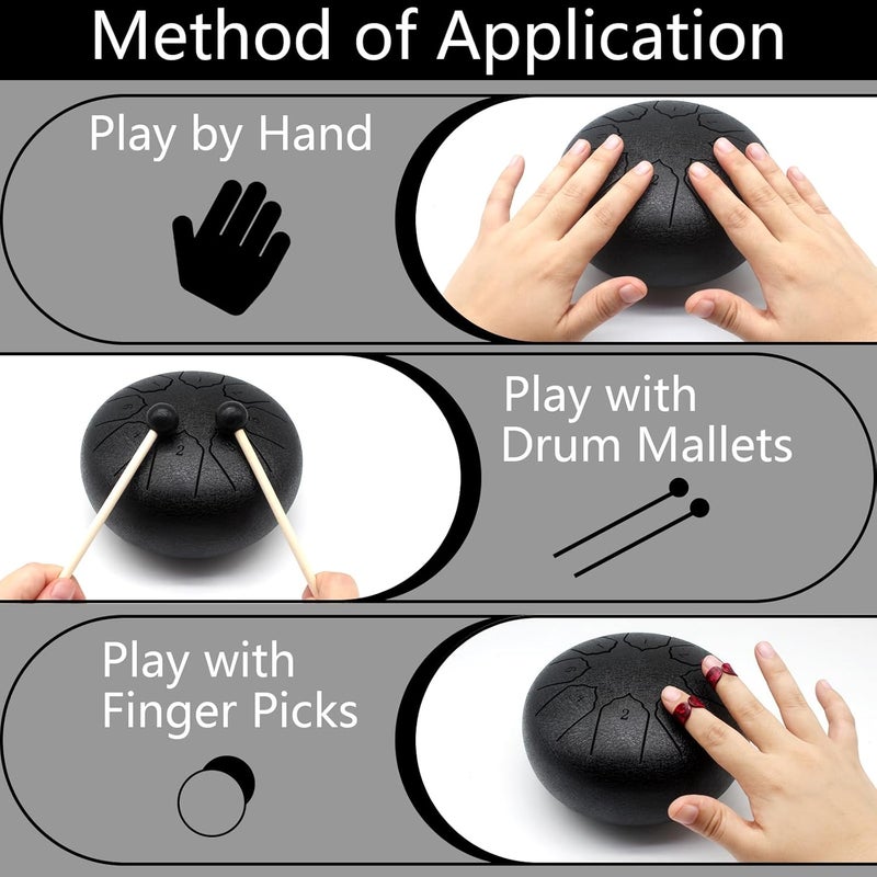 Anvin Steel Tongue Drum 6 Inch 8 Notes Metal Hand Drum with Drum Mallets Music Book Rain Drum Sound Healing Instruments for Meditation Yoga Zen Entertainment Gifts(Black) - Image 4